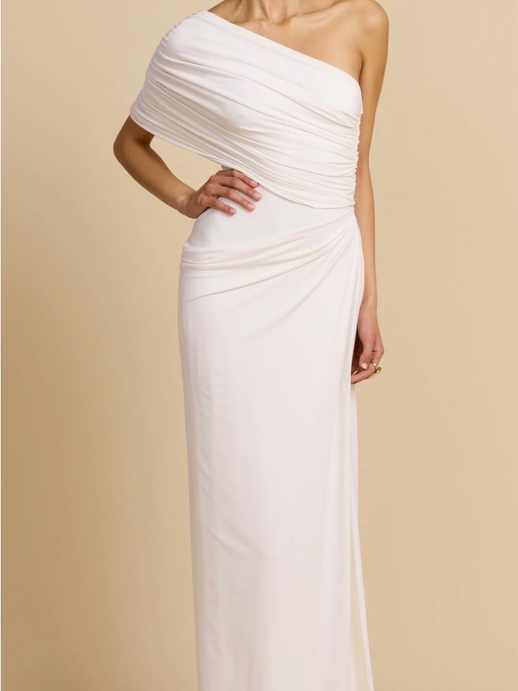 One-Shoulder White Draped Evening Dress